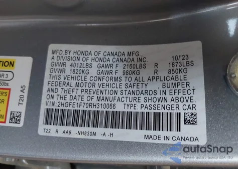 2024 Honda Civic Ex z USA, uszkodzony, nr VIN 2HGFE1F70RH310066